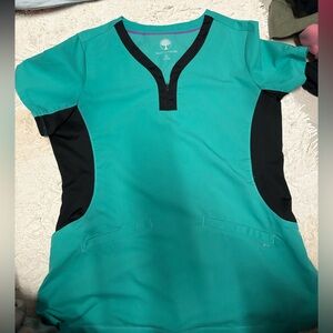 healing hands Teal Scrub Top with Black Trim and Purple Piping